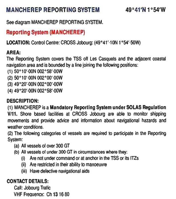 Sample entries in the Admiralty List of Radio Signals Volume 6 Part1 showing information about MANCHEREP Reporting System.