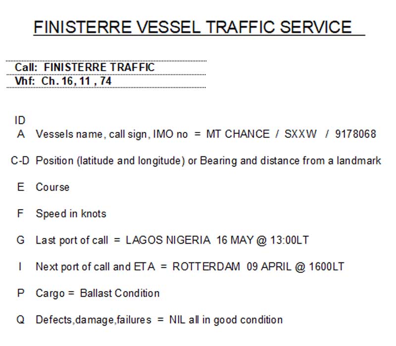 Sample ship reporting form for Finisterre Vessel Traffic Service.