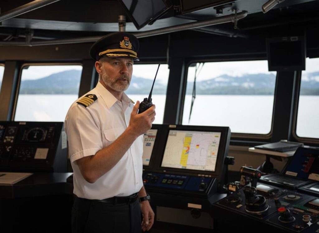 Captain in uniform inside the bridge holding a walkie-talkie.
