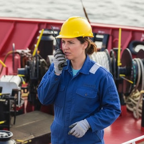 A woman officer using a handheld radio while on the forward station, ready to drop anchor.