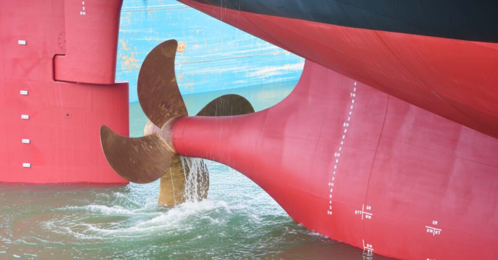 A ships propeller elevated above the water with the rudder behind it.