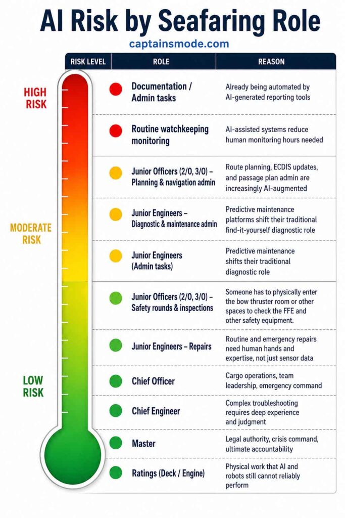 Seafaring job risk levels from AI automation infographic by captainsmode.com.