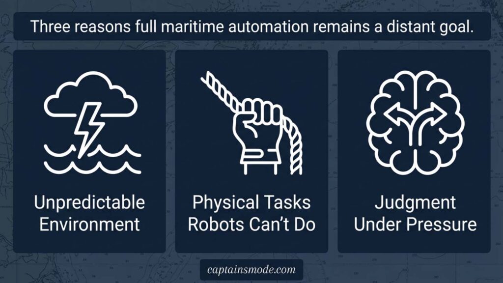 Three reasons full maritime automation is difficult: unpredictable environment, physical tasks, and human judgment.