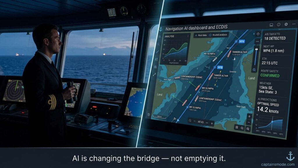 Bridge watch officer alongside AI navigation dashboard illustrating AI-assisted maritime work.