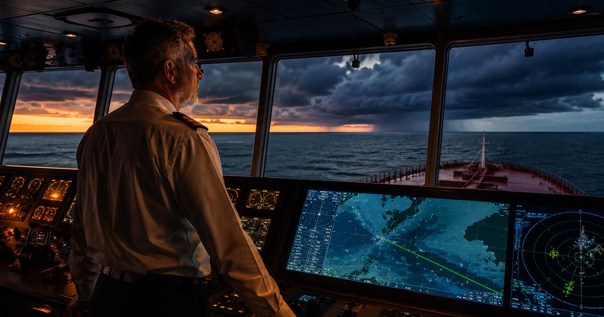 Ship officer navigating into the storm using ECDIS, AIS, and radar integrated with assisted.