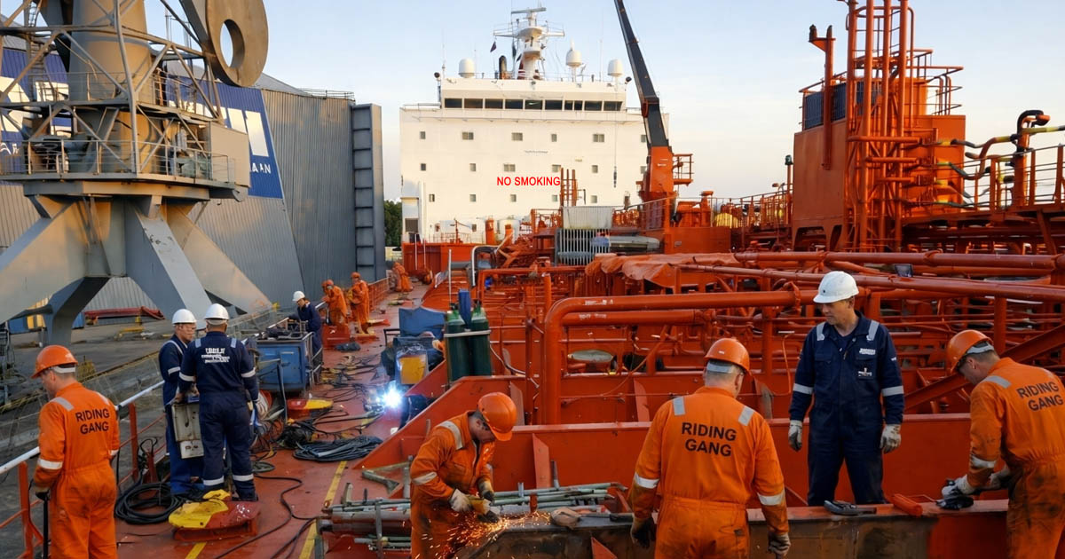 Riding gang working on ship with regular crews,