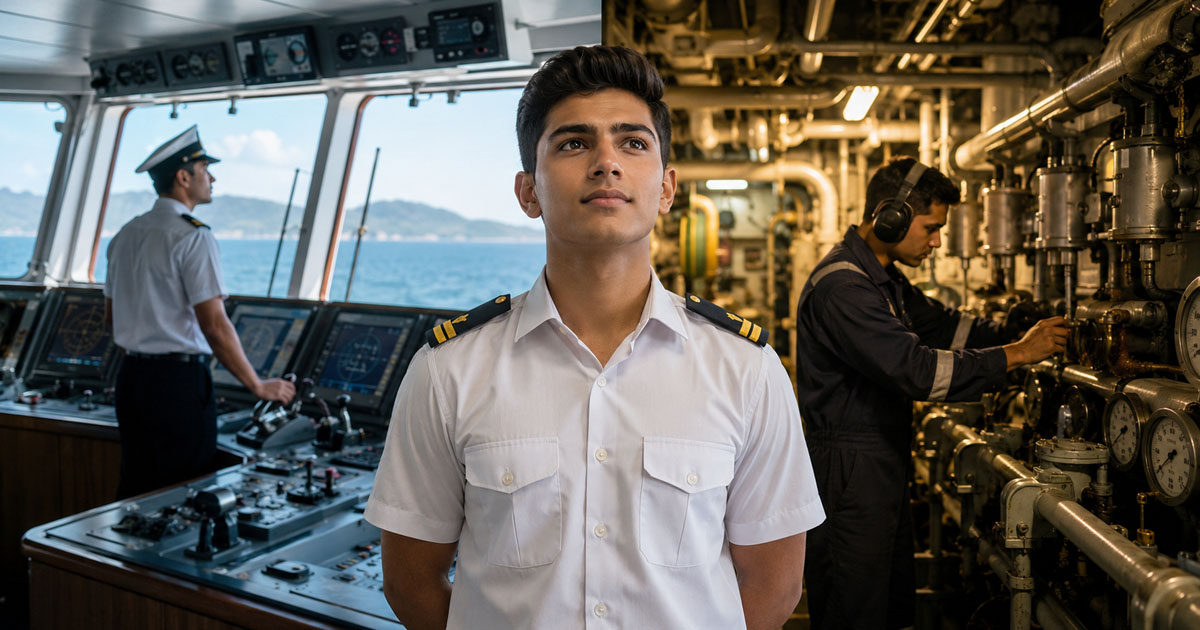 A deck cadet standing while thinking about the jobs of deck officers and engine officers as shown behind him.