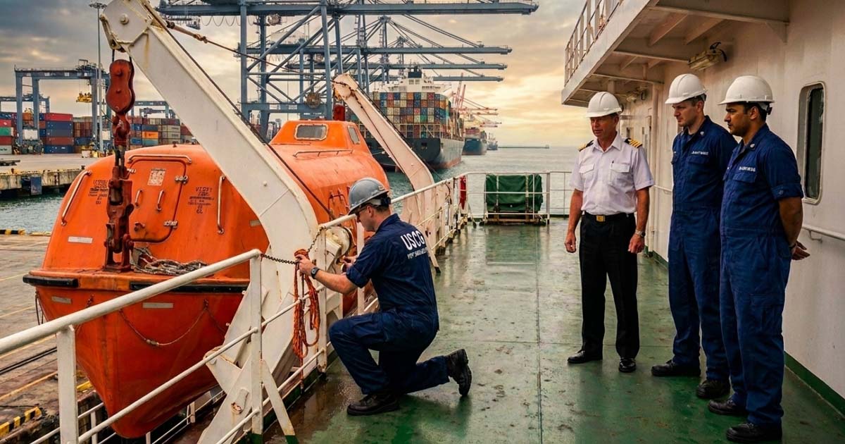 Ship captain and two officers watch as the USCG Port State Control Officer inspects the ship's lifeboat.