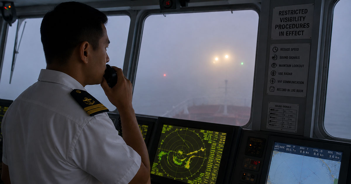 An OOW watching the lights in front of the ship as she uses the radio during restricted visibility.