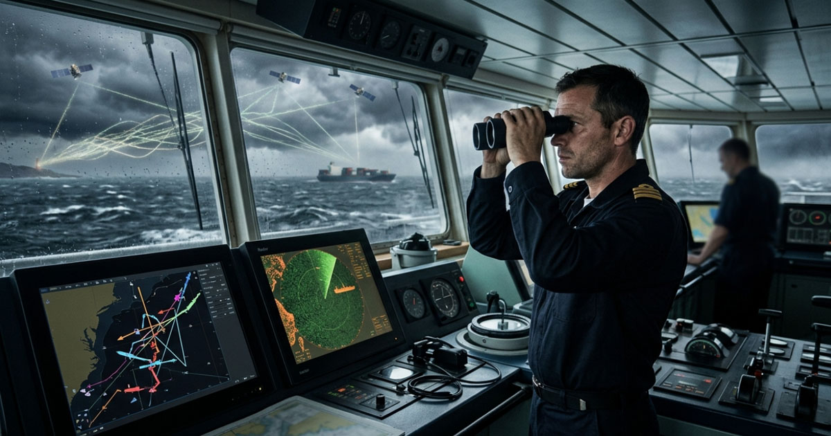 A deck Officer using his binoculars to while his ECDIS shows unusual tracks and position after being spoofed.