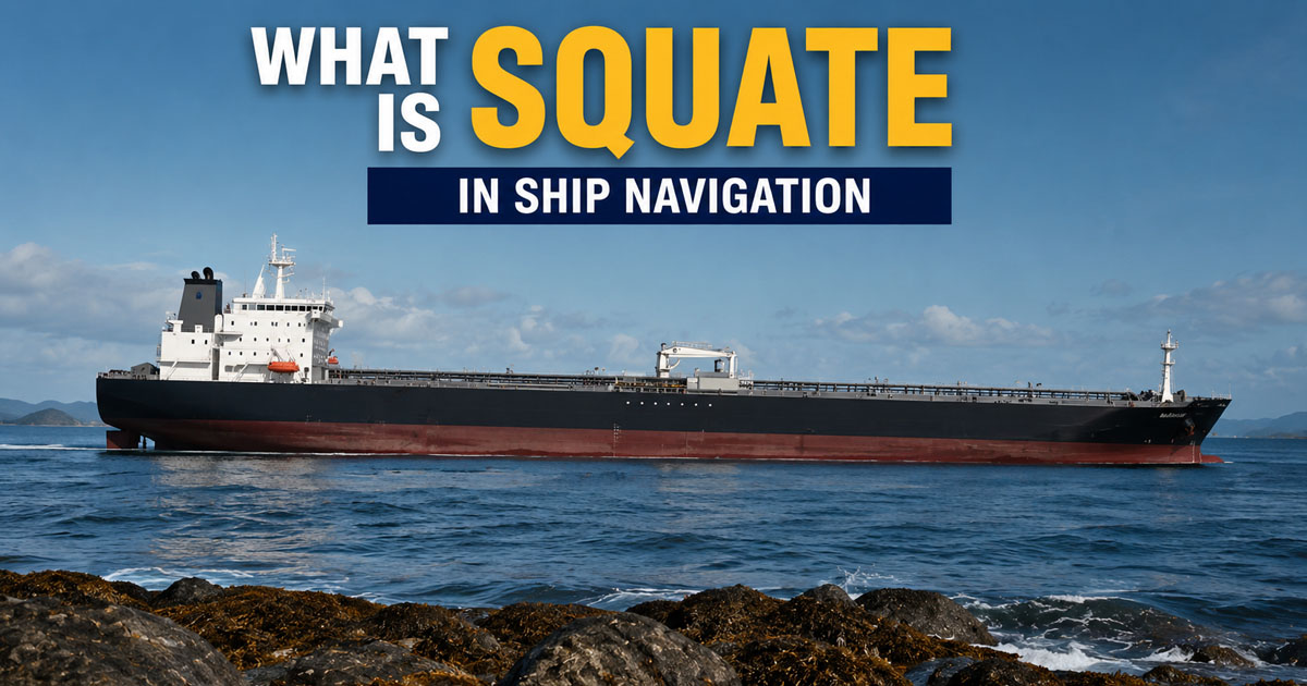 A ship navigating close to the land showing increased draft in her forward area due to squat.
