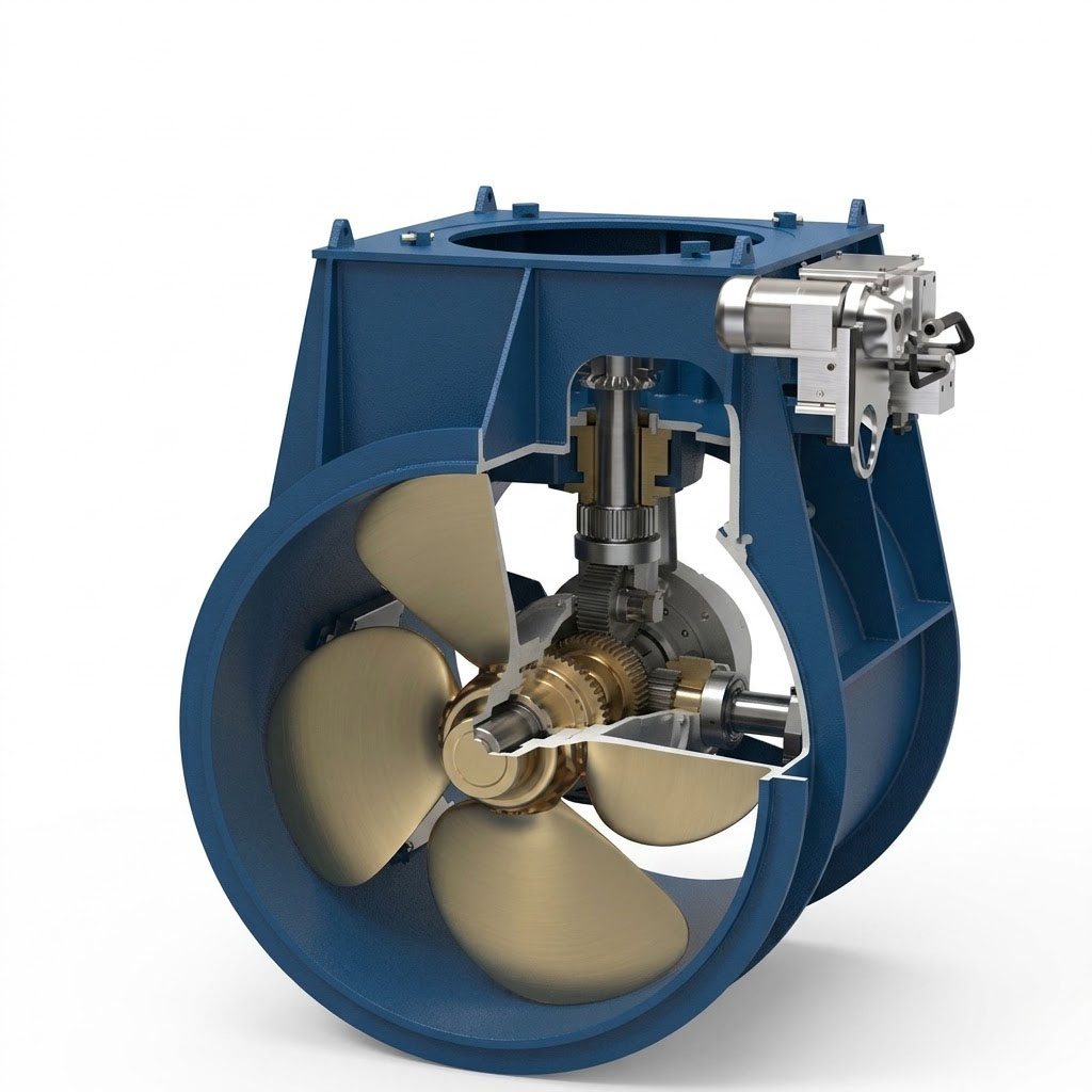 3D cutaway view of a blue marine tunnel bow thruster revealing internal gears, drive shaft, and bronze propeller blades on a white background.