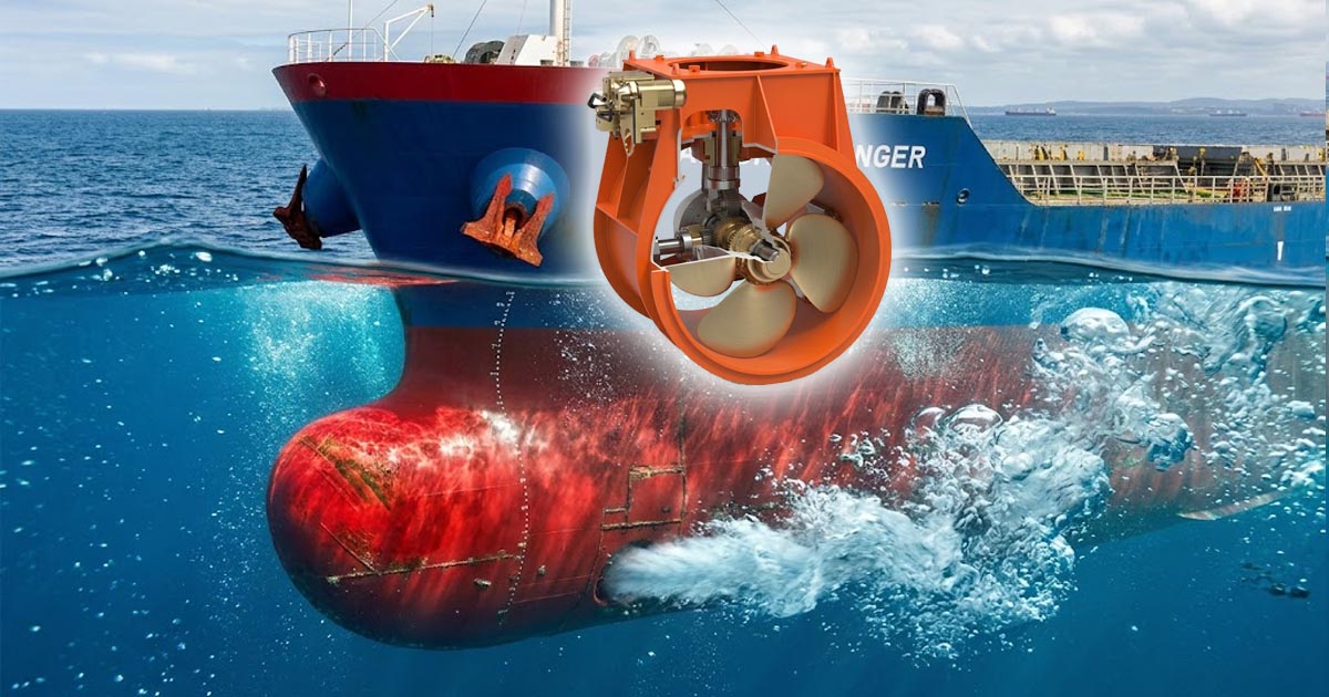 A split-level view of a large cargo ship, showing its CPP bow thruster below the water line with water flow coming out of it.