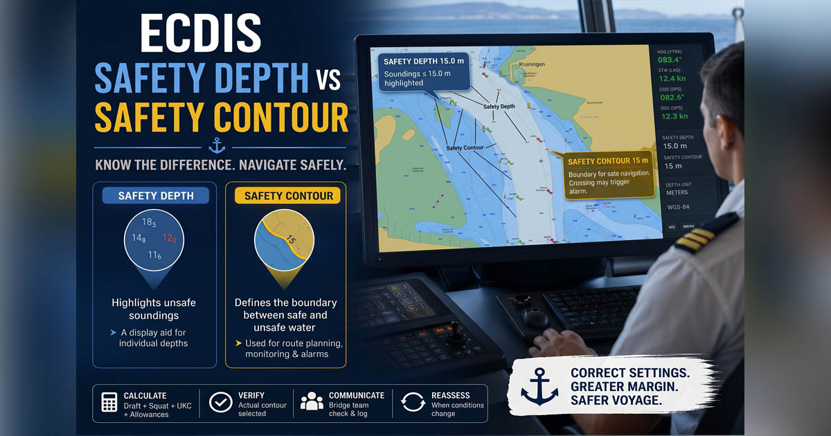 Officer of the watch analyzing an ECDIS screen displaying depth soundings, safety depth settings, and the navigation safety contour boundary.