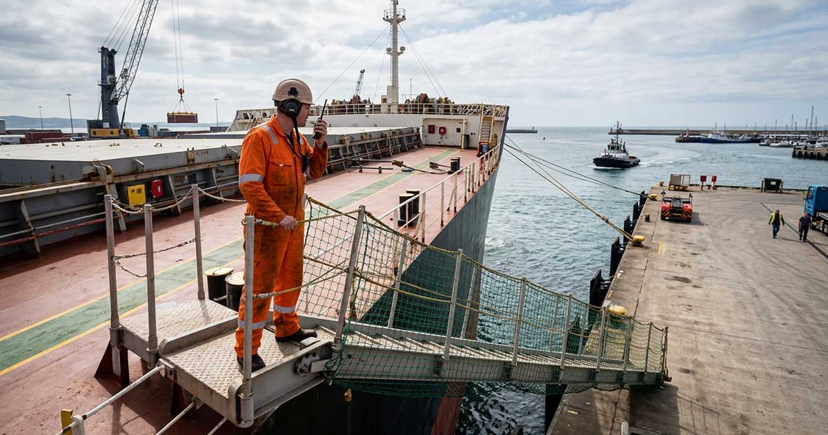 A shipboard gangway watchman in safety gear and hardhat standing at the accommodation ladder, holding a walkie-talkie while seeing the ship's forward part opening to the jetty.
