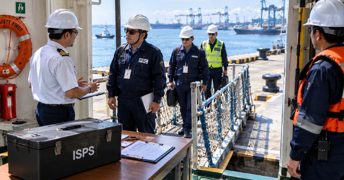 Gangway watchman monitoring a PSC inspector boarding a ship with an ISPS security box at the gangway