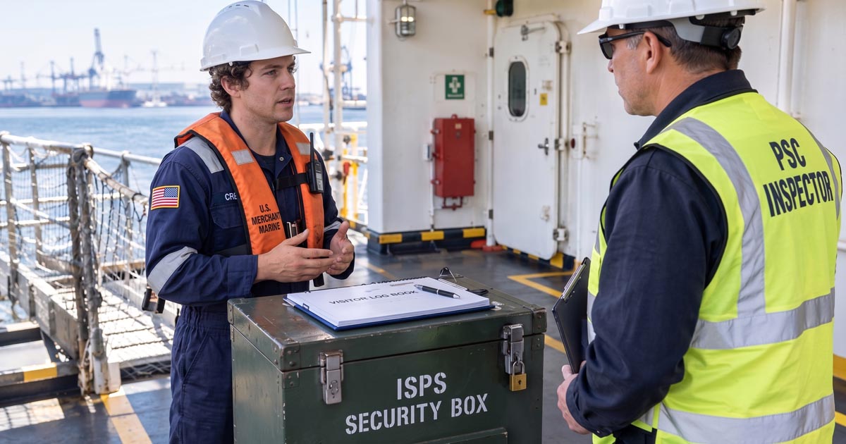 An American merchant marine crew member in a navy blue jumpsuit, life vest, and white hard hat speaks with a Port State Control inspector wearing a high-visibility yellow-green vest and hard hat next to an ISPS security box on a ship's deck.