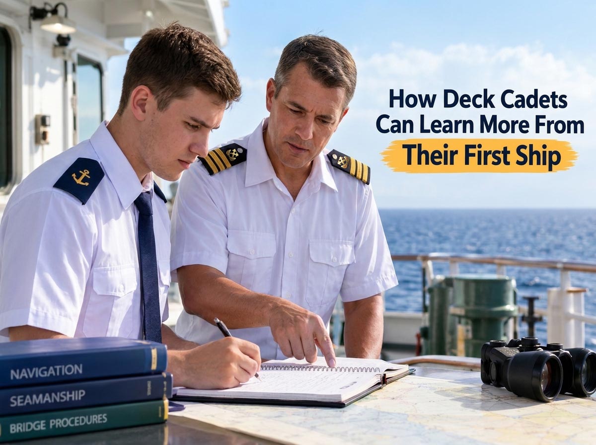 Deck cadet taking notes while a senior ship officer explains navigation and seamanship on board a vessel.