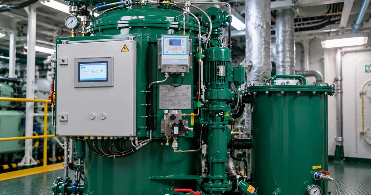 Green oily water separator and 15 ppm monitor installed in a ship engine room
