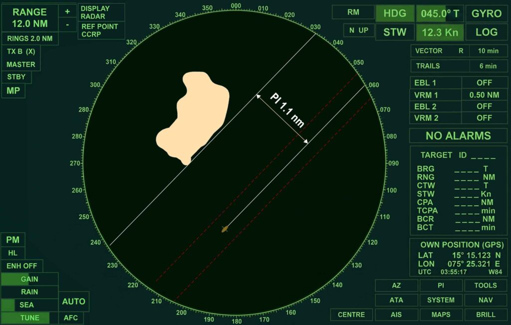 A radar PPI showing a ship with Parallel Indexing line