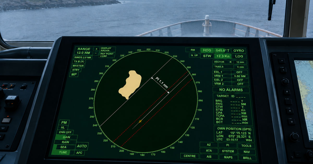 Radar parallel indexing display showing a PI line and island echo from a ship navigating in reduced visibility.