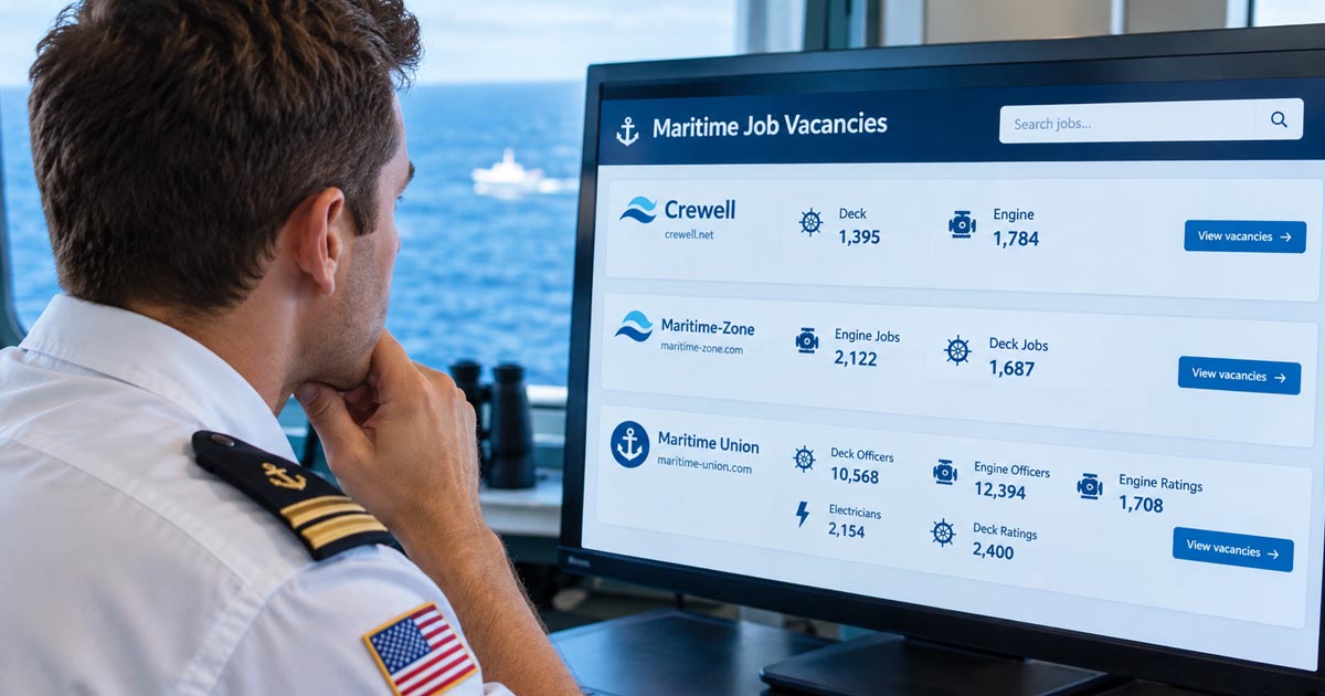 Deck officer wondering while comparing engine and deck vacancies on a maritime job board aboard a ship's bridge.