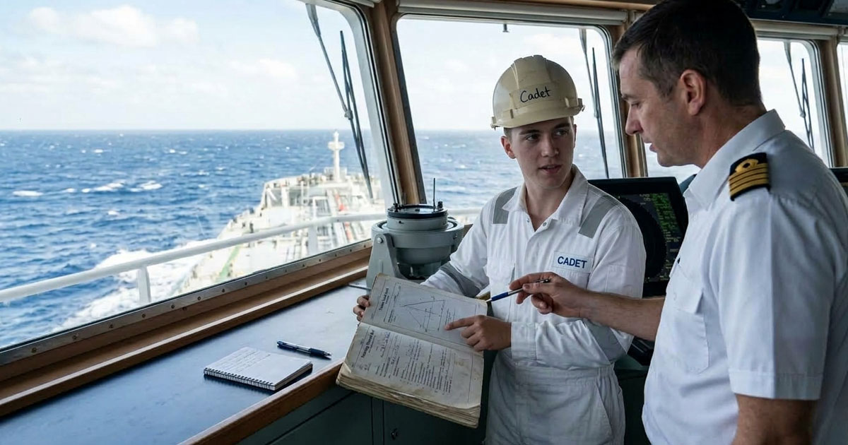 A ship captain teaching his American cadet about fundamental topics while performing navigation inside the bridge.