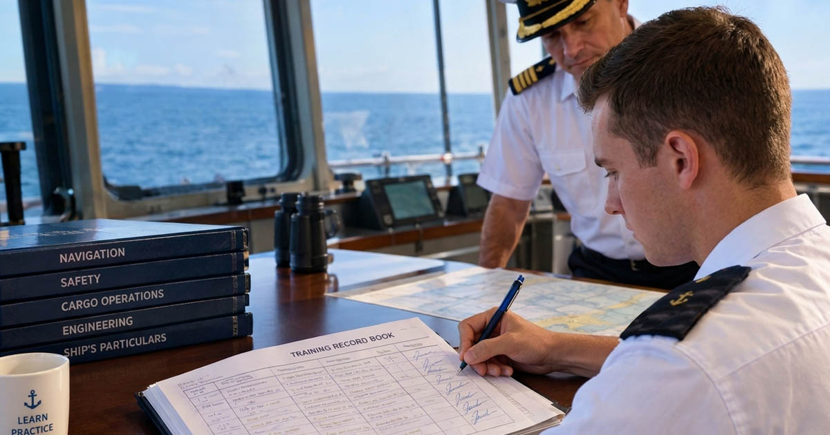 Maritime cadet completing a signed Training Record Book on the ship's bridge while a senior officer supervises, highlighting the importance of practical skills beyond signatures.