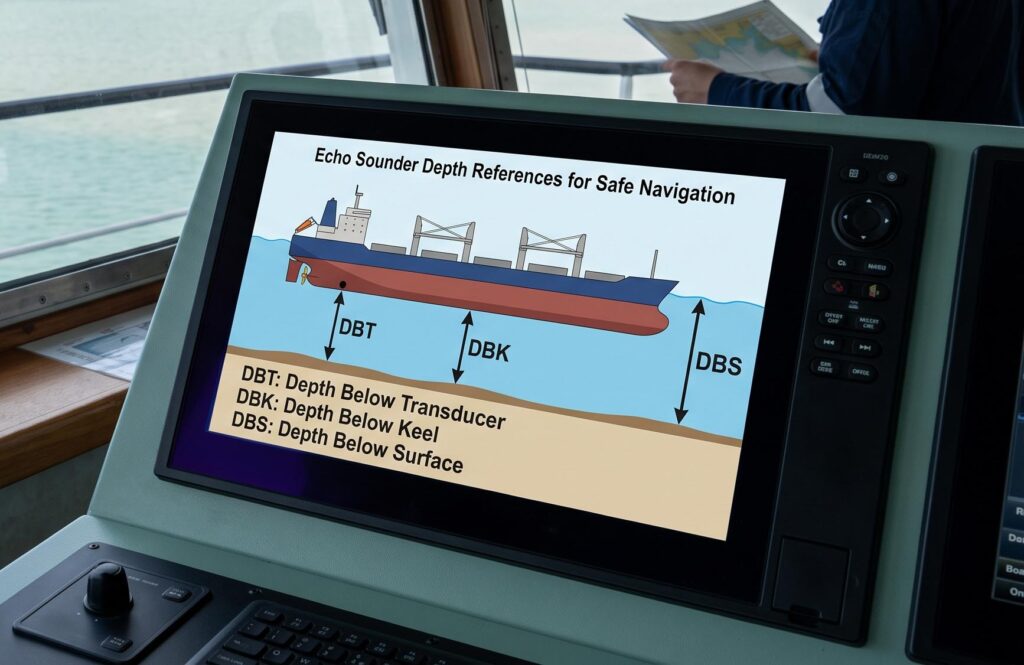 Echo sounder display on a ship bridge showing DBT, DBK, and DBS depth reference measurements beneath a commercial vessel.