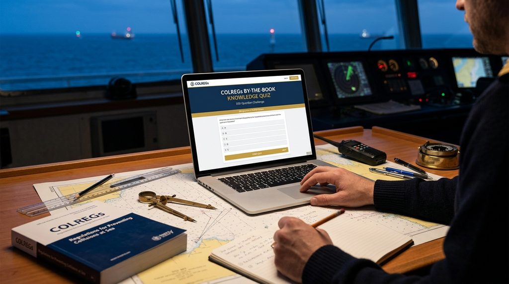 A Seaman talking a practice navigation test for COLREGs