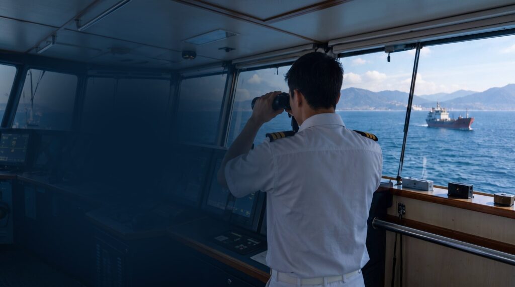 OOW using binoculars inside the bridge.