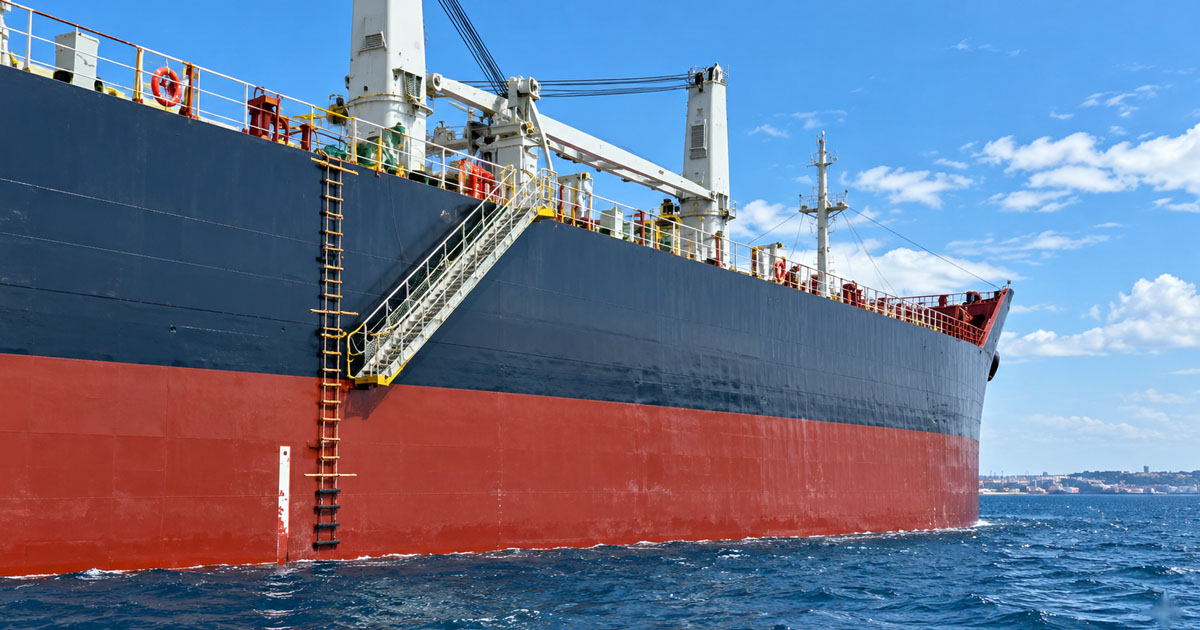 A pilot ladder rigged on the side of the ship while approaching port.