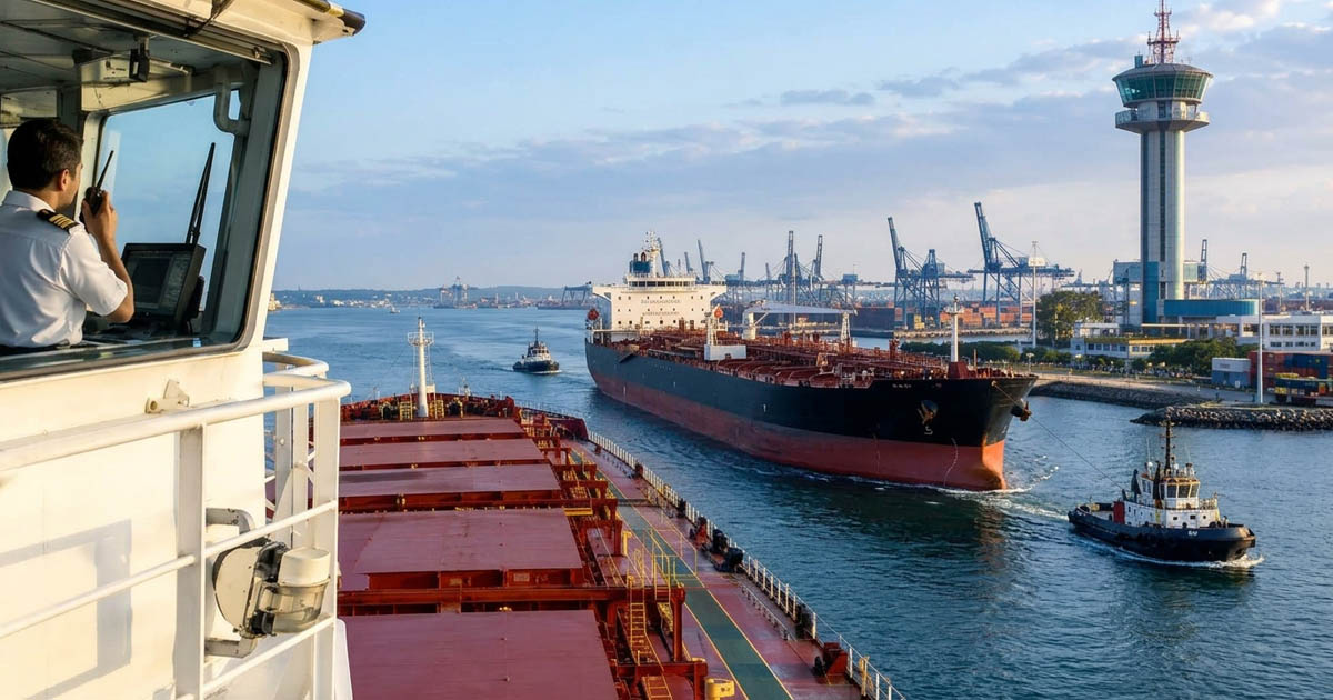 Cargo ship approaching a port and meeting a tanker vessel with port control tower overseeing vessel traffic.