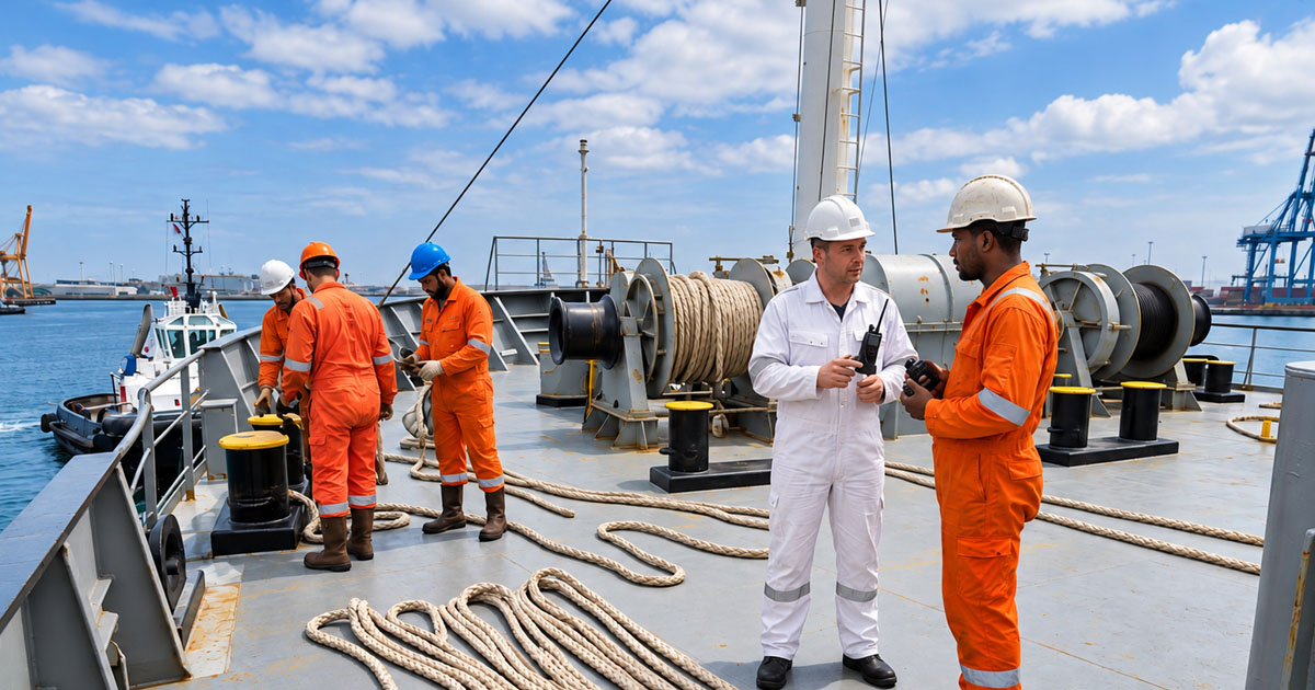Deck officer and crew in boiler suits with two-way radios and safety gear standing by on a ship's mooring station, preparing mooring lines and winches for berthing.