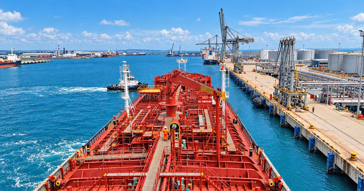 Orange tanker vessel approaching a terminal for mooring. Tugboat is seen on the port bow.