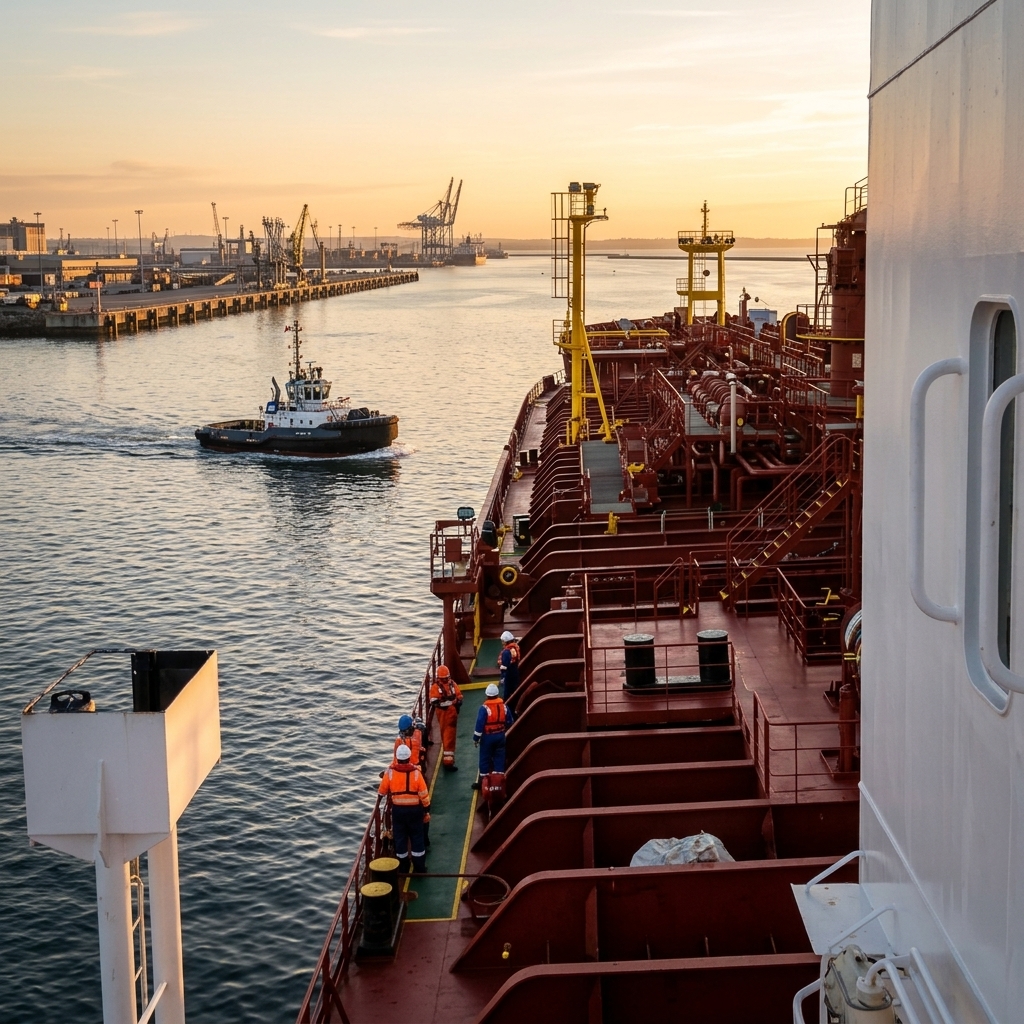 A tug approaching from the port bow as the ship arrives at berth ready for mooring.