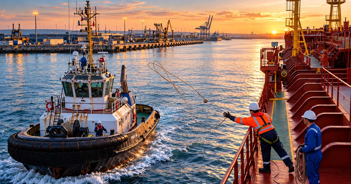 Ship crew handling a heaving line as a tugboat approaches a tanker during berthing operations at a commercial port at sunset.