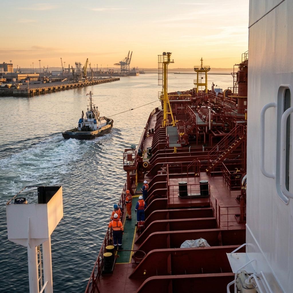 Tugboat made fast forward pulling the ship.