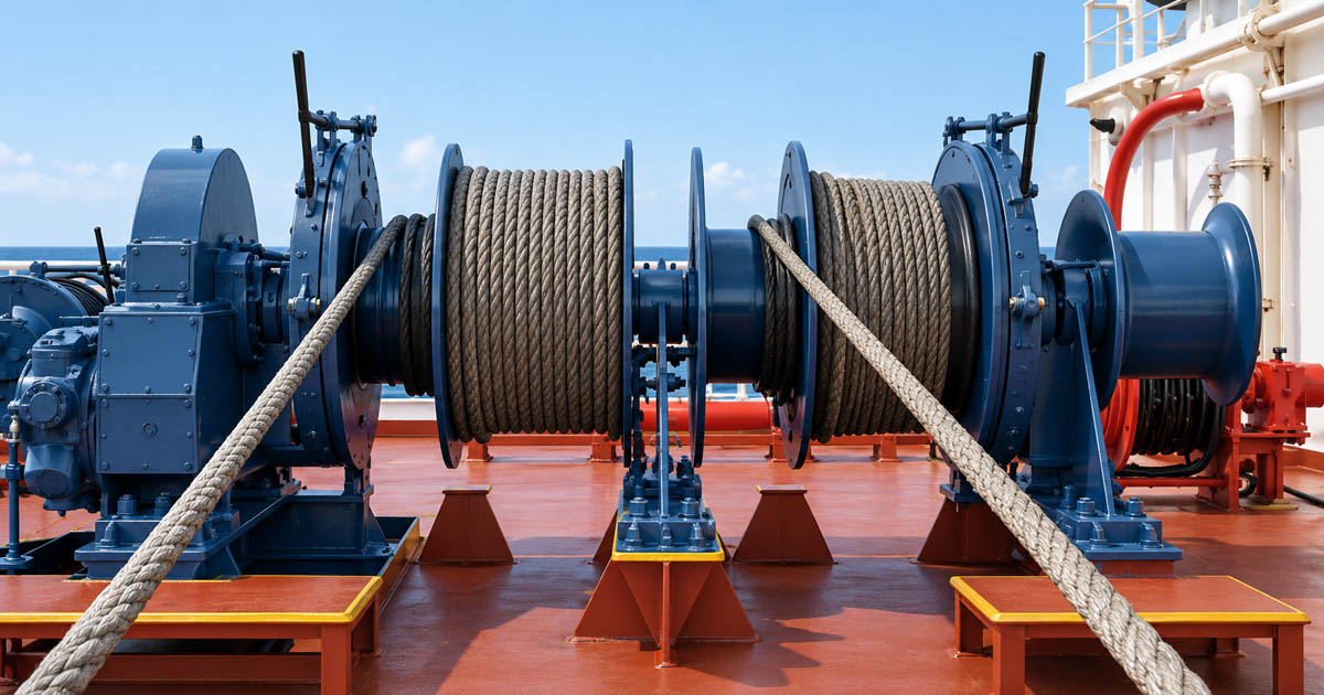 Two mooring wincheswith their respective tension drum and ropes paid out through them.