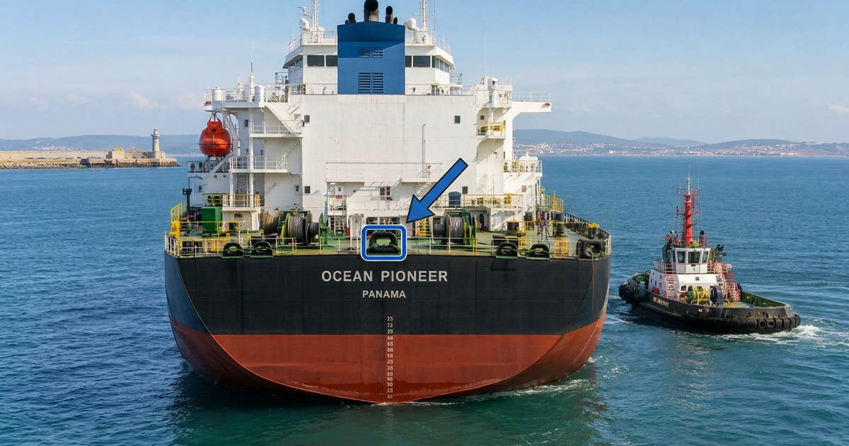 Tugboat alongside a tanker showing the center lead and starboard quarter where the tug's line can be connected